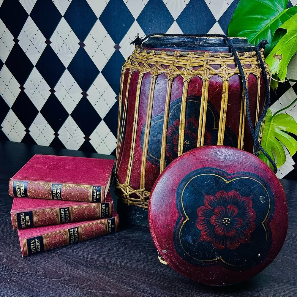 Large 18” Burmese‎ Lacquer Rice Basket, Lidded Bamboo Vessel Vintage Collectible